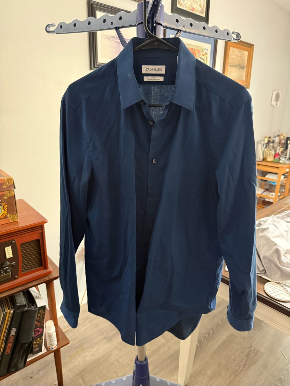 Calvin Klein Steel+ Slim Fit Herringbone Shirt in Navy